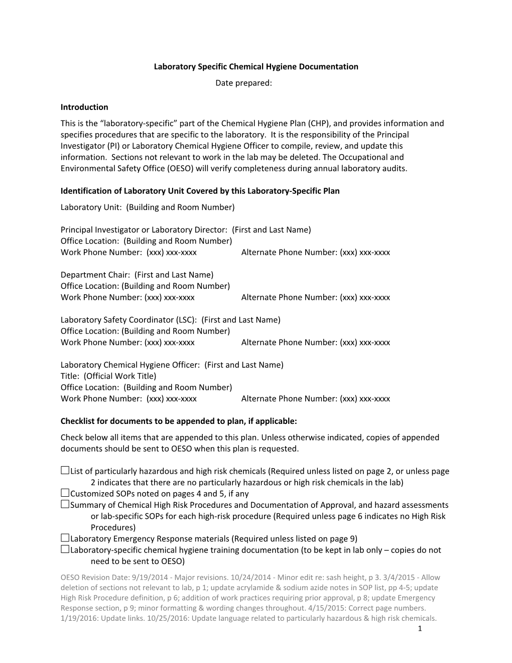 Laboratory Specific Chemical Hygiene Plan Template