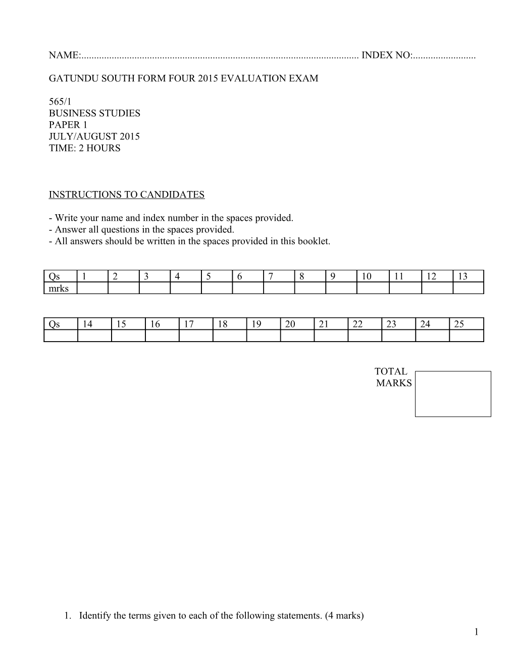Gatundu South Form Four 2015 Evaluation Exam