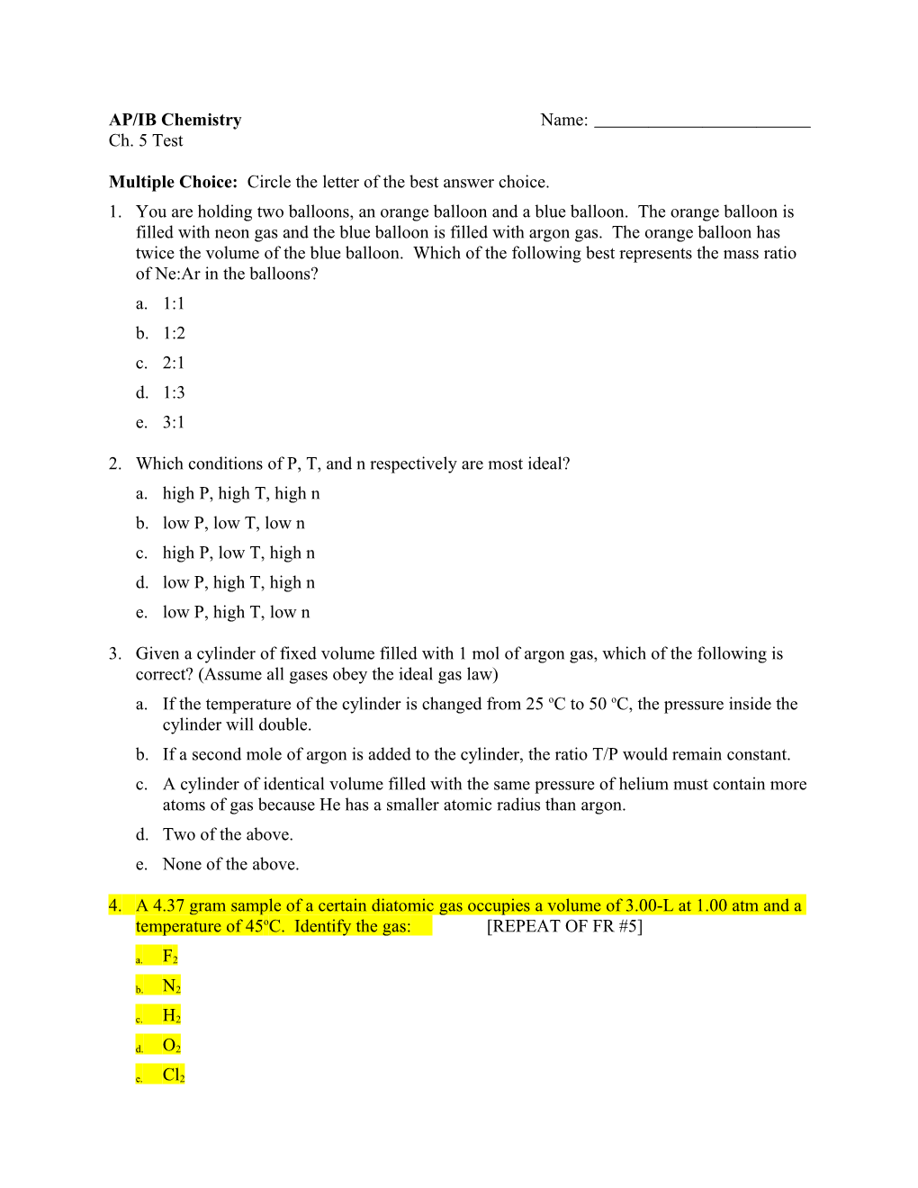 AP Chemistry Quiz #4