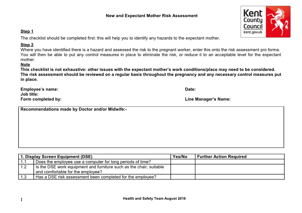 New and Expectant Mothers Risk Assessment