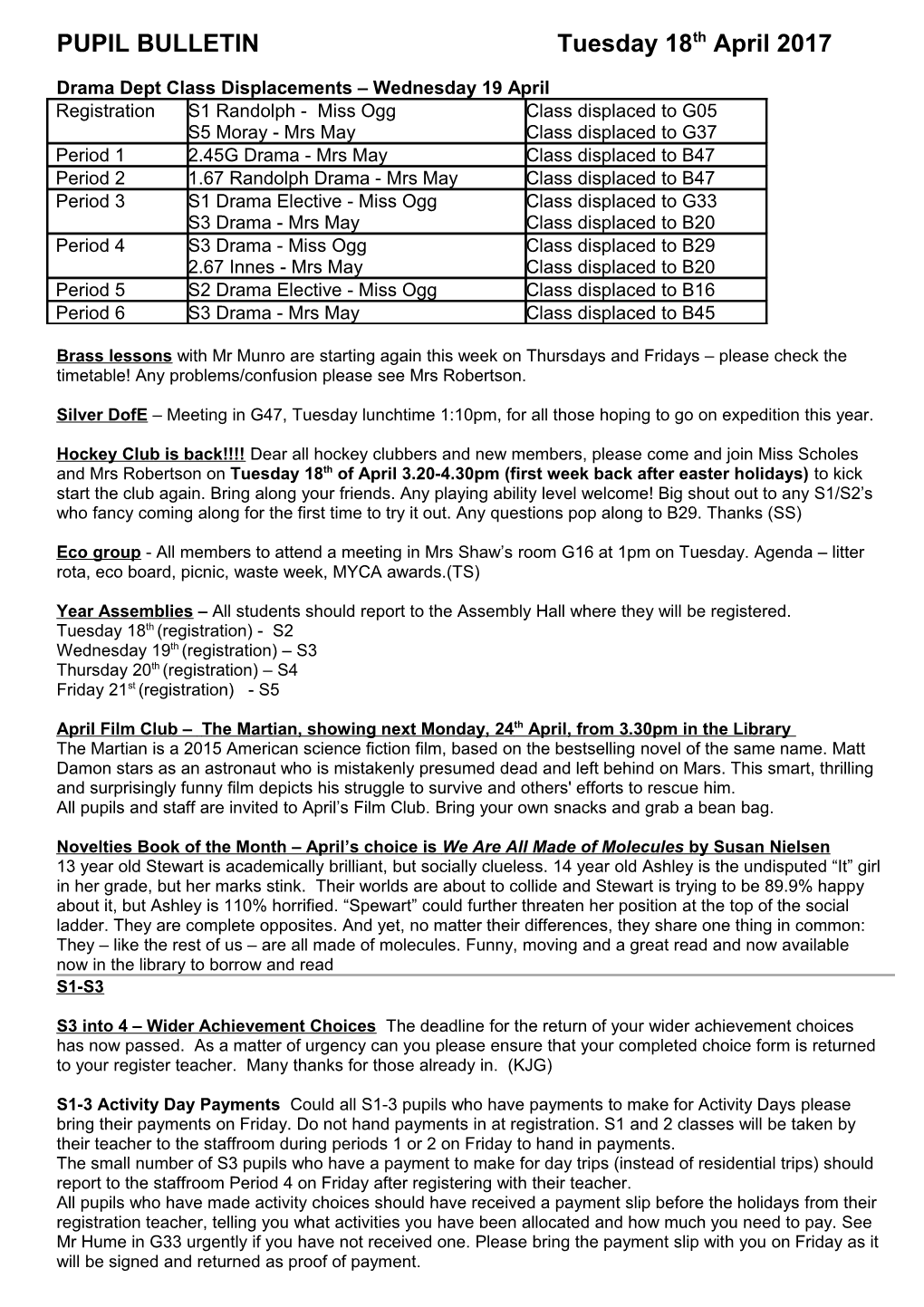 Drama Dept Class Displacements Wednesday 19 April