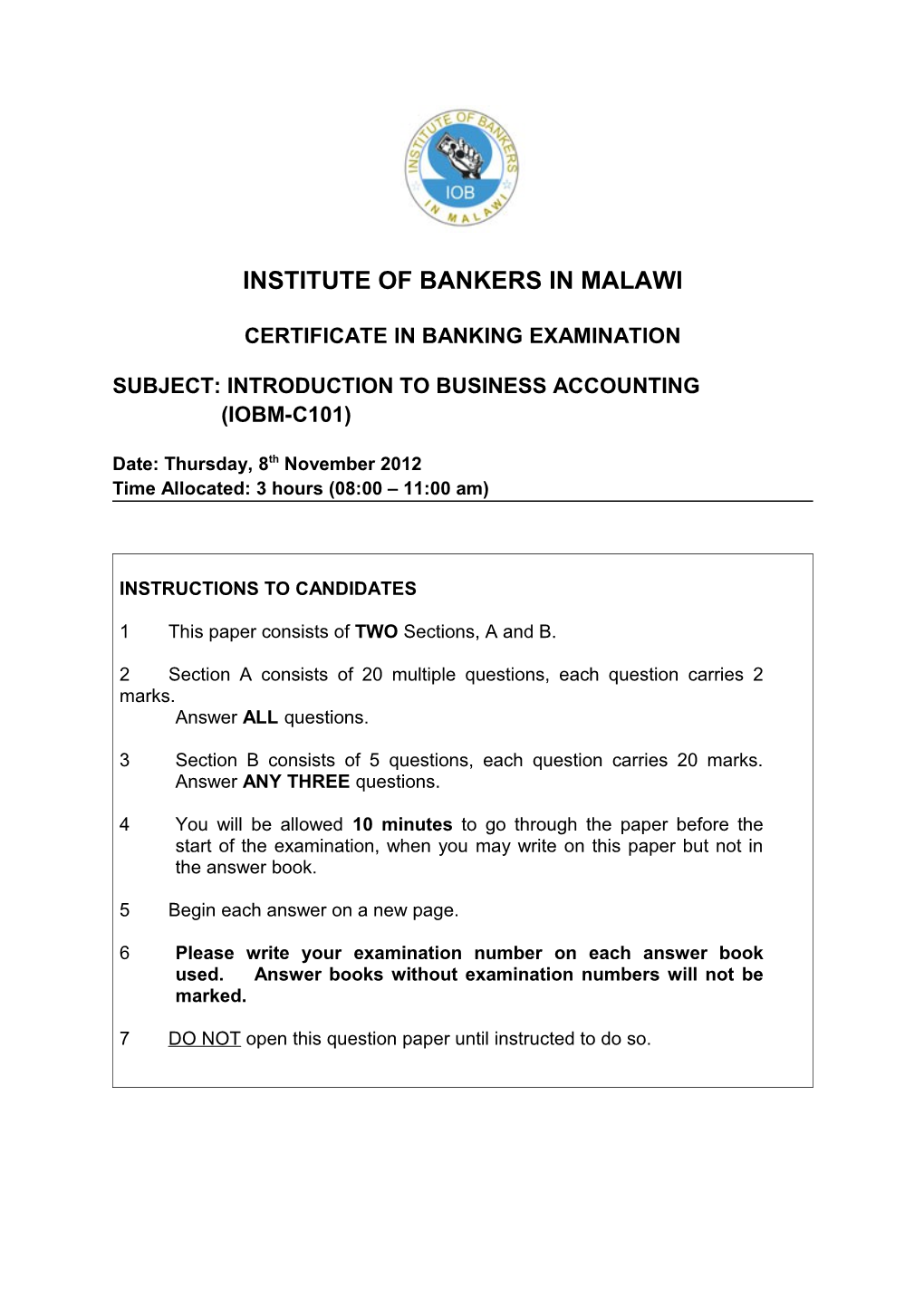 Subject: Introduction to Business Accounting