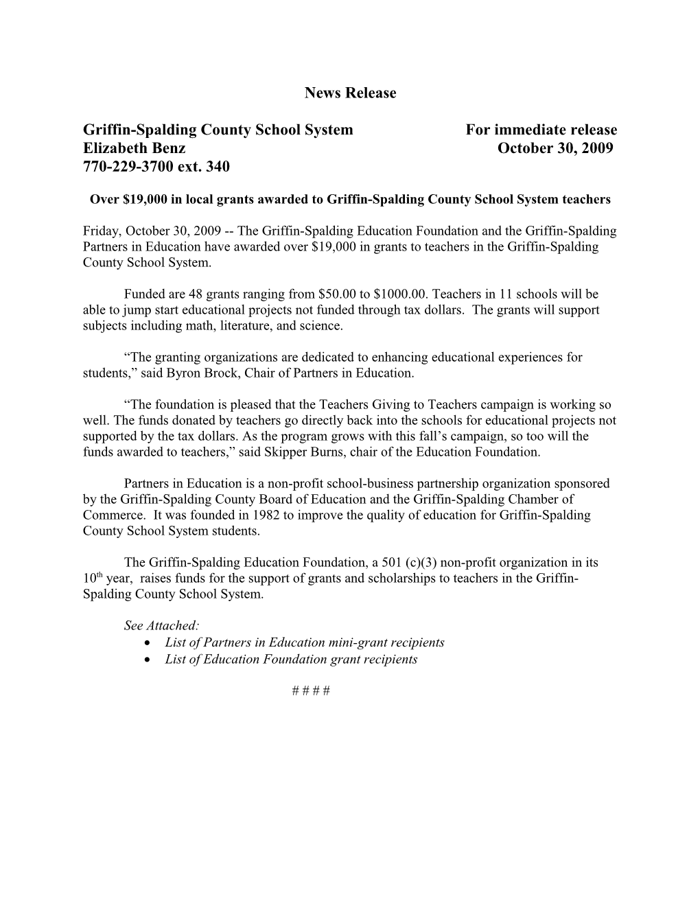 Griffin-Spaldingcountyschool System for Immediate Release