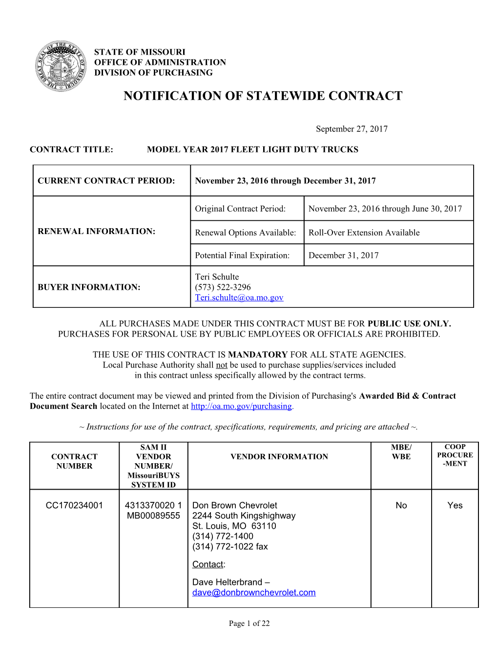 Contract Title:Model Year 2017 Fleet Light Duty Trucks