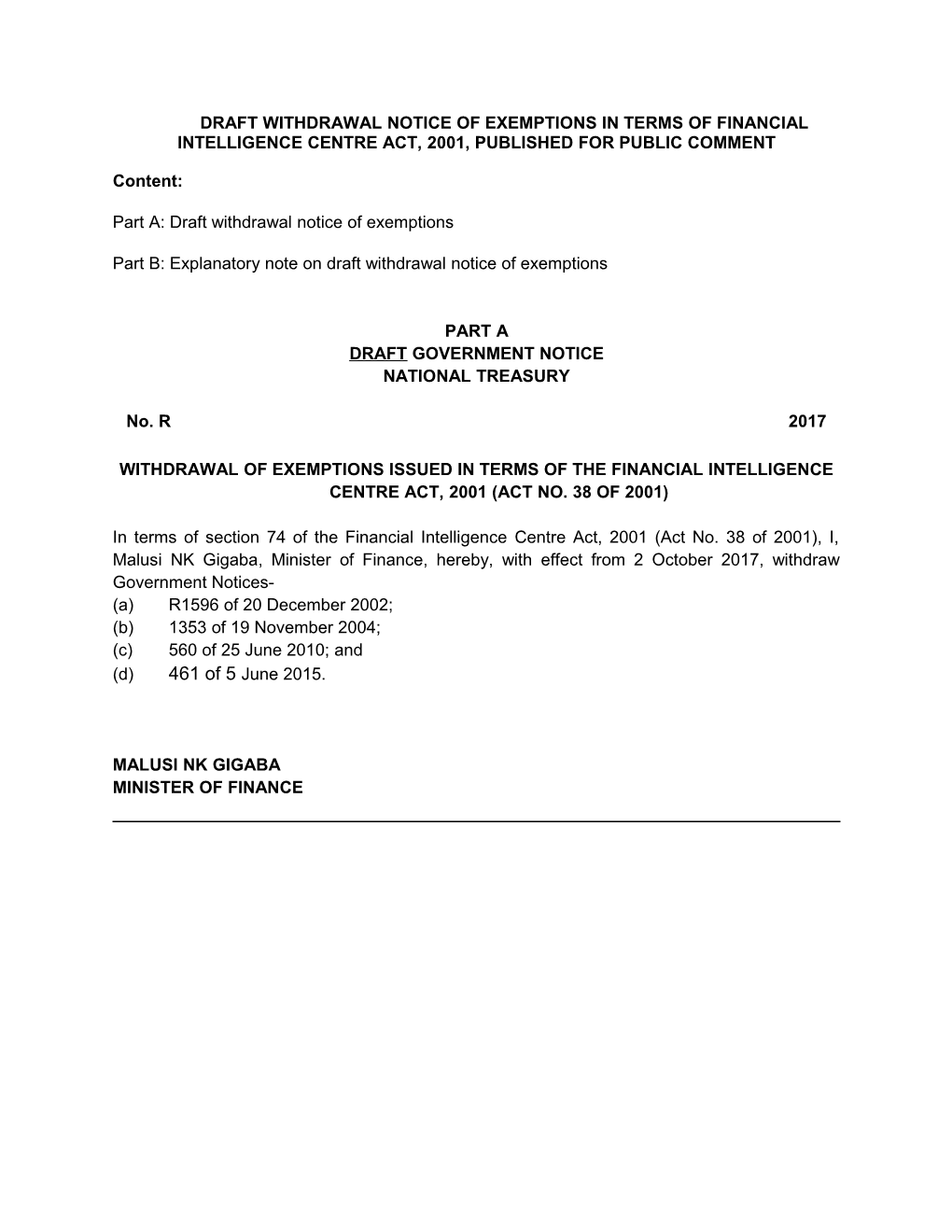 Draft Withdrawal Notice of Exemptions