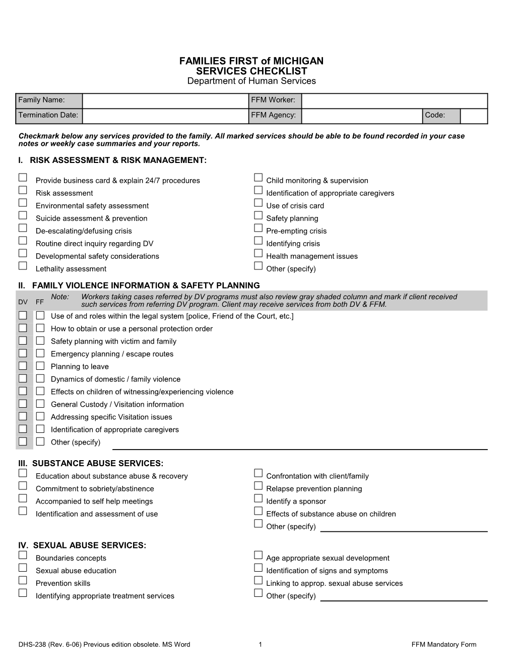 DHS-238, Families First of Michigan Services Checklist