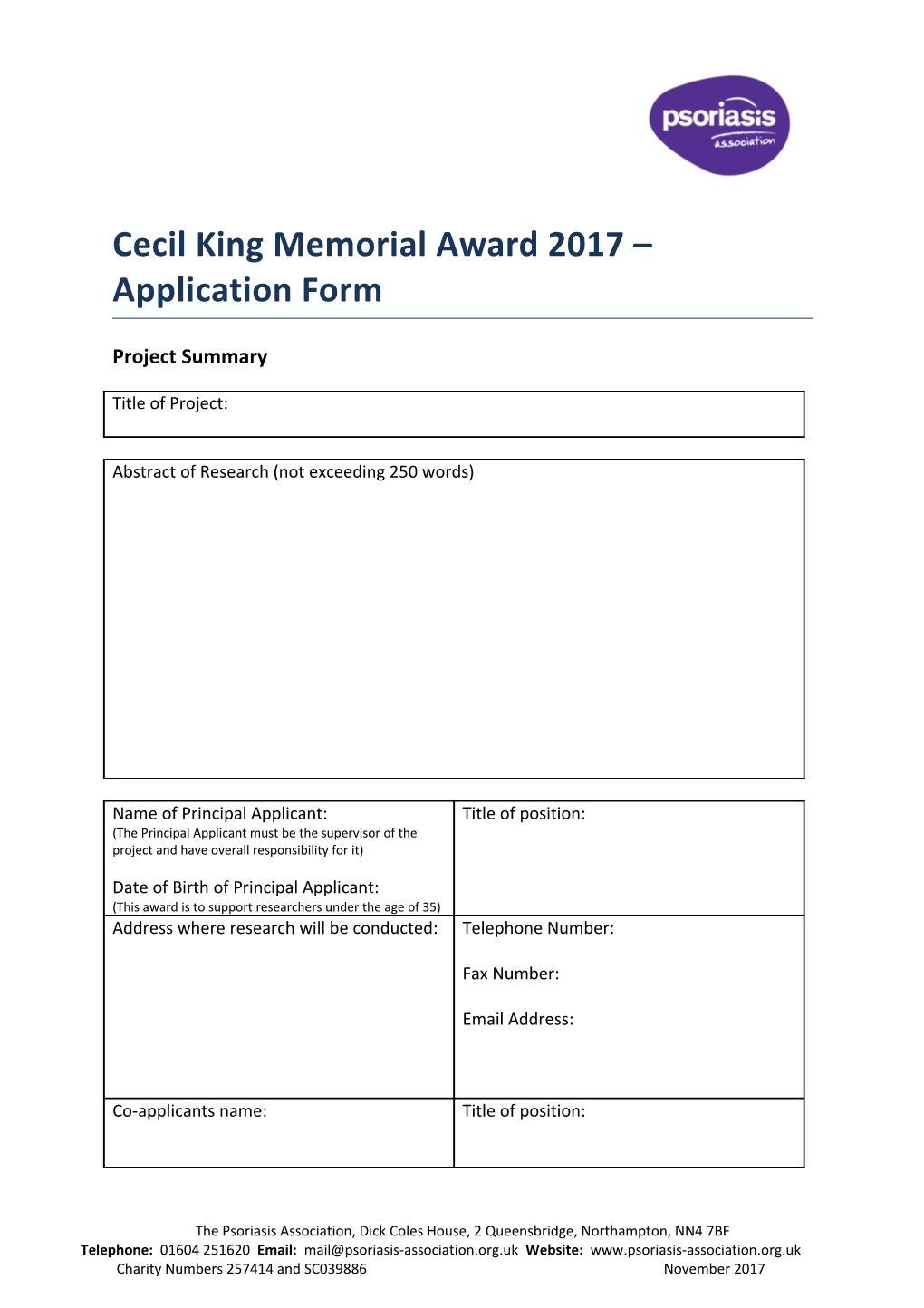 Cecil King Memorial Award 2017 Application Form
