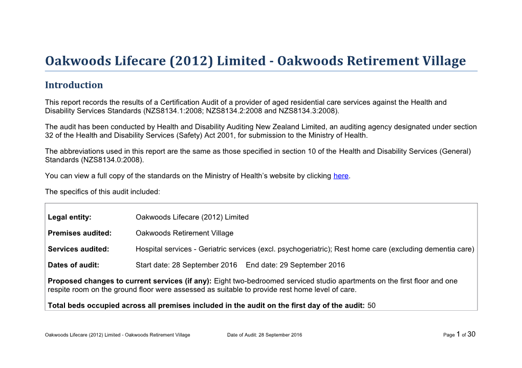 Oakwoods Lifecare (2012) Limited - Oakwoods Retirement Village