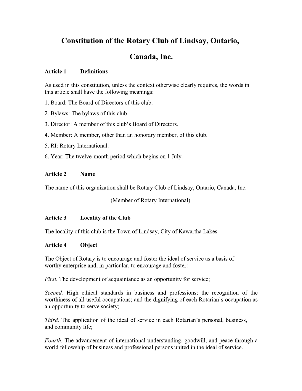 *Constitution of the Rotary Club of Lindsay, Ontario, Canada, Inc