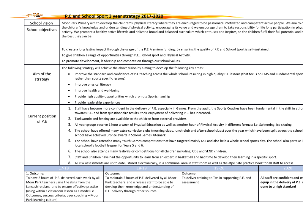 P.E and School Sport 3 Year Strategy 2017-2020