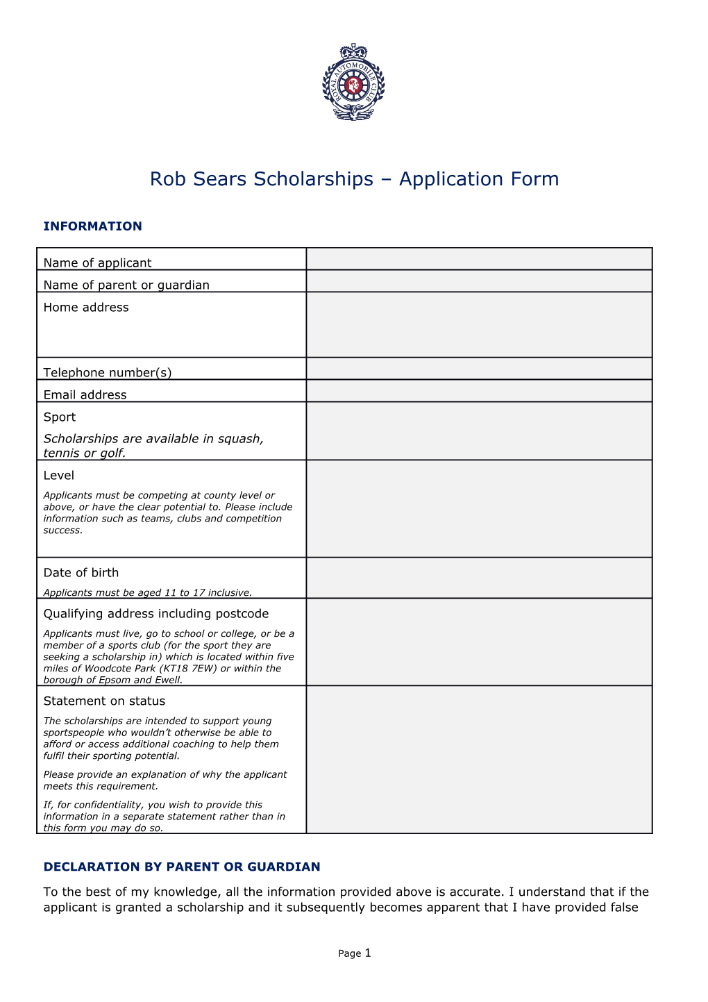 Rob Sears Scholarships Application Form