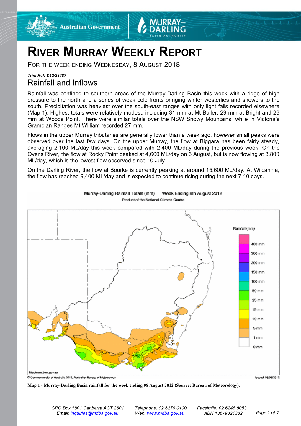 River Murray Operations Weekly Report 8Th August 2012