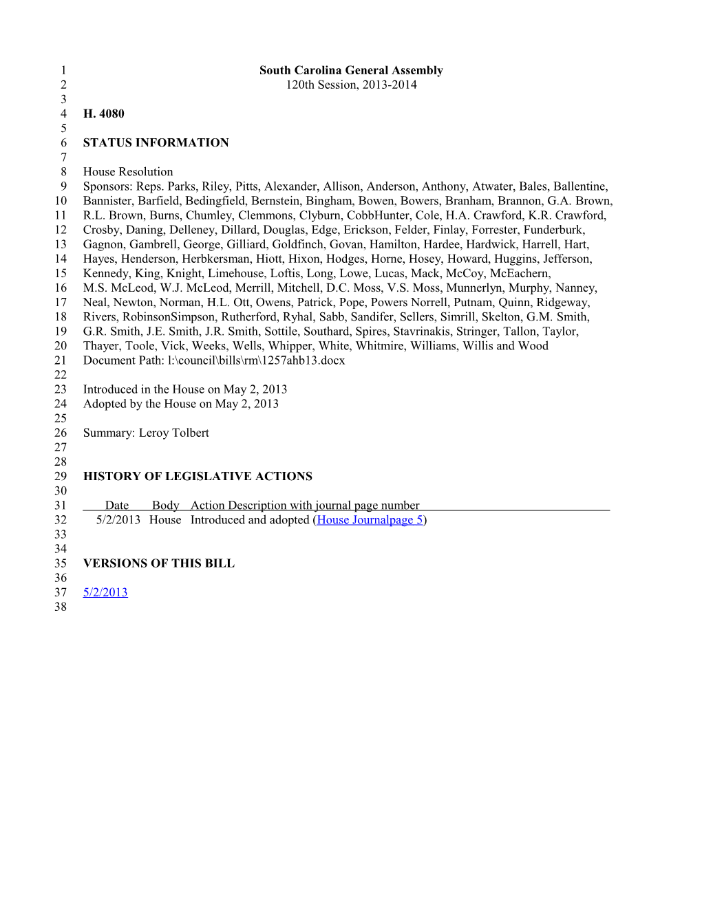 2013-2014 Bill 4080: Leroy Tolbert - South Carolina Legislature Online