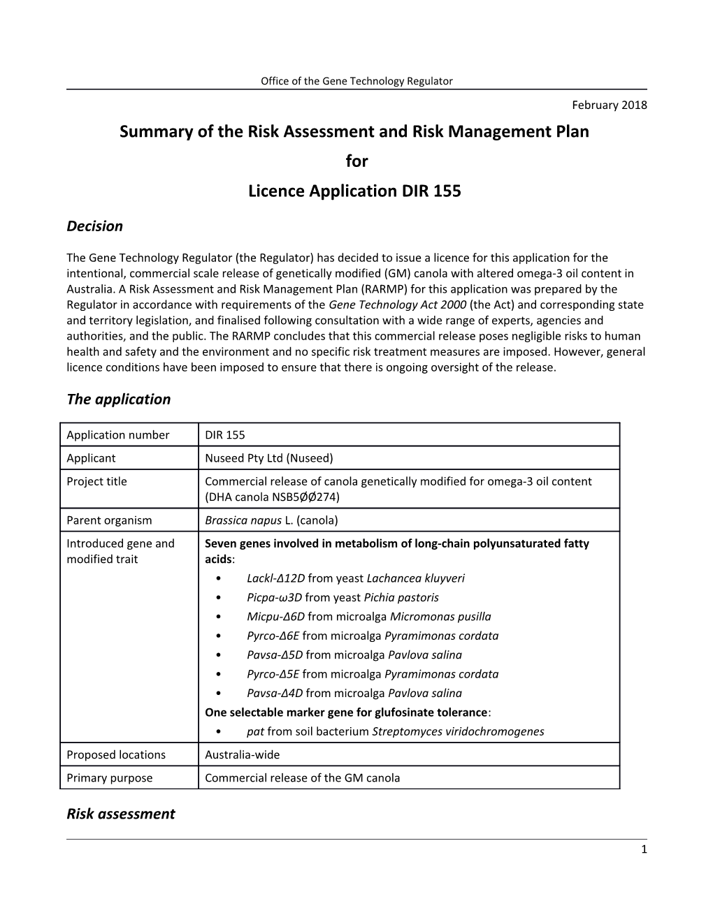 DIR 155 - Summary of Risk Assessment and Risk Management Plan