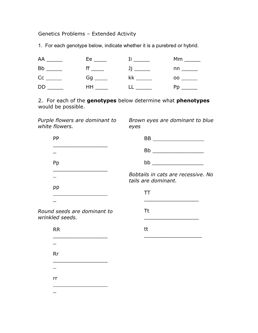 Genetics Practice Problems - Simple Worksheet