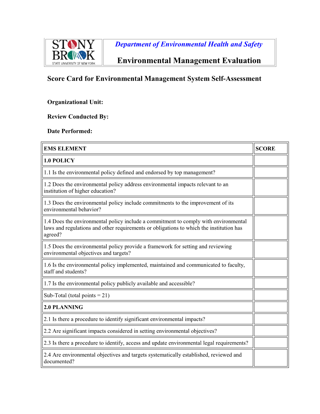 EMS Assessment Score Card