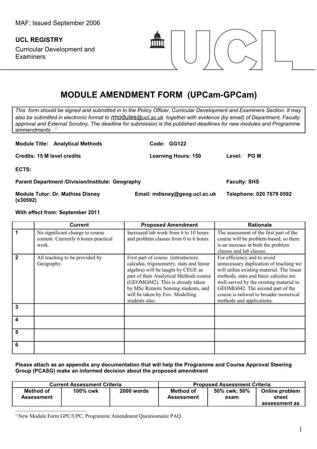 MODULE AMENDMENT FORM (Upcam-Gpcam)