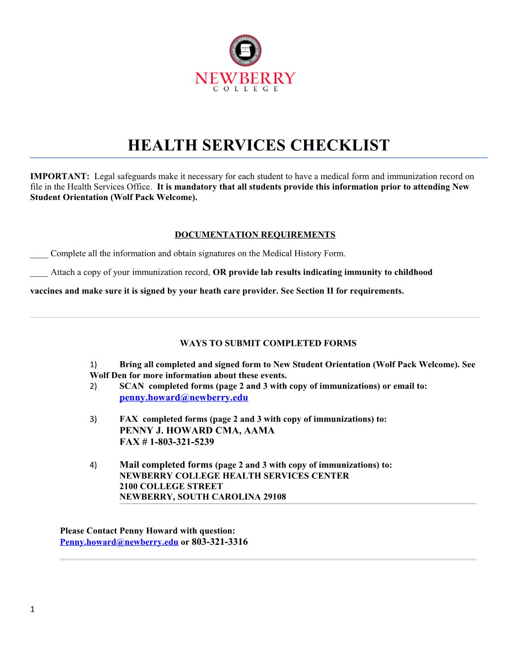 Health Services Checklist