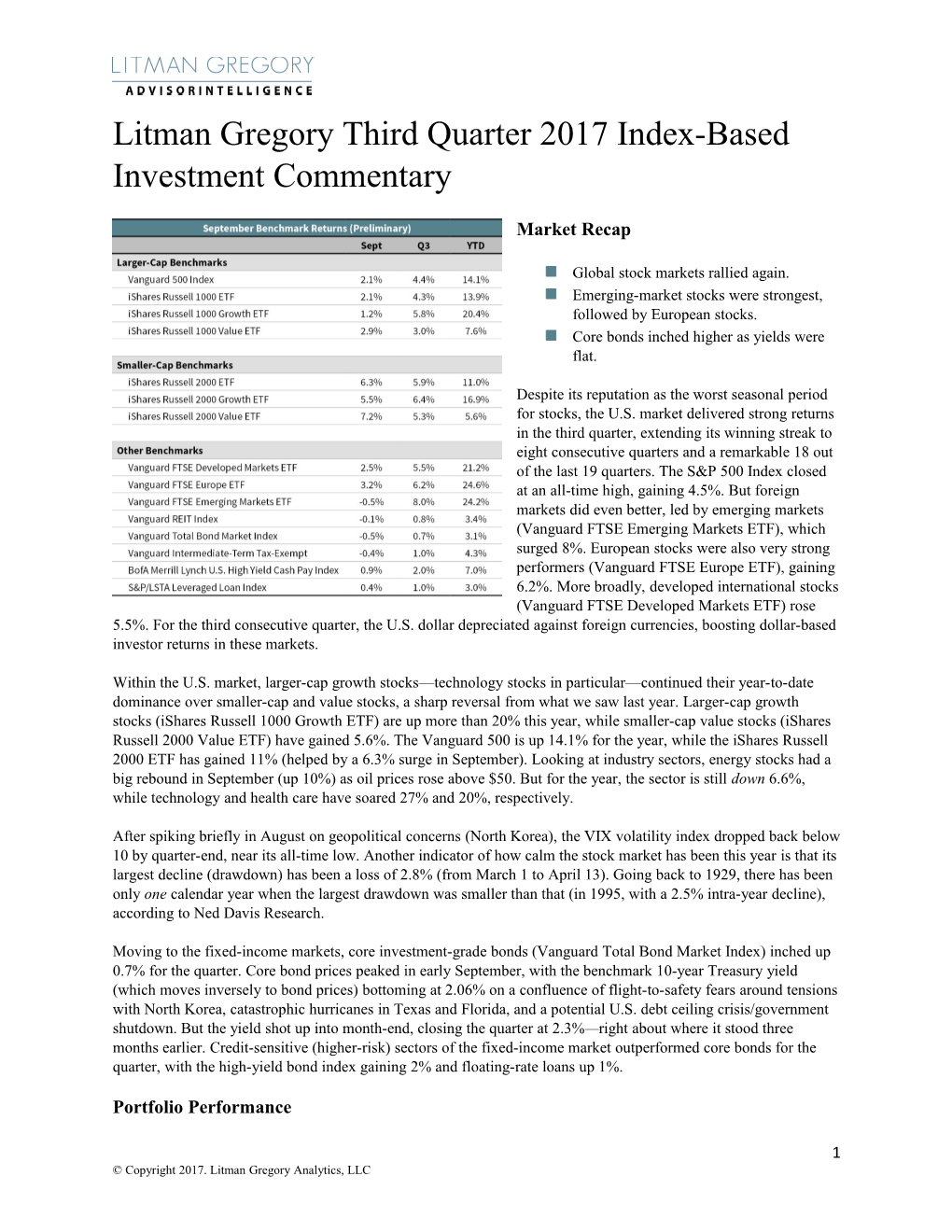 Litman Gregory Third Quarter 2017 Index-Based Investment Commentary