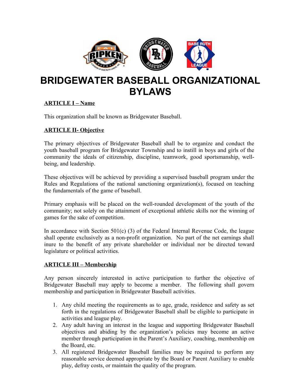 Bridgewater Baseball Organizational Bylaws