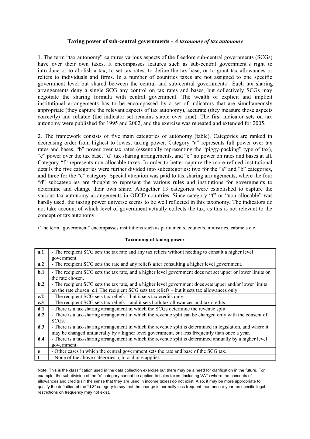 Taxing Power of Sub-Central Governments - a Taxonomy of Tax Autonomy