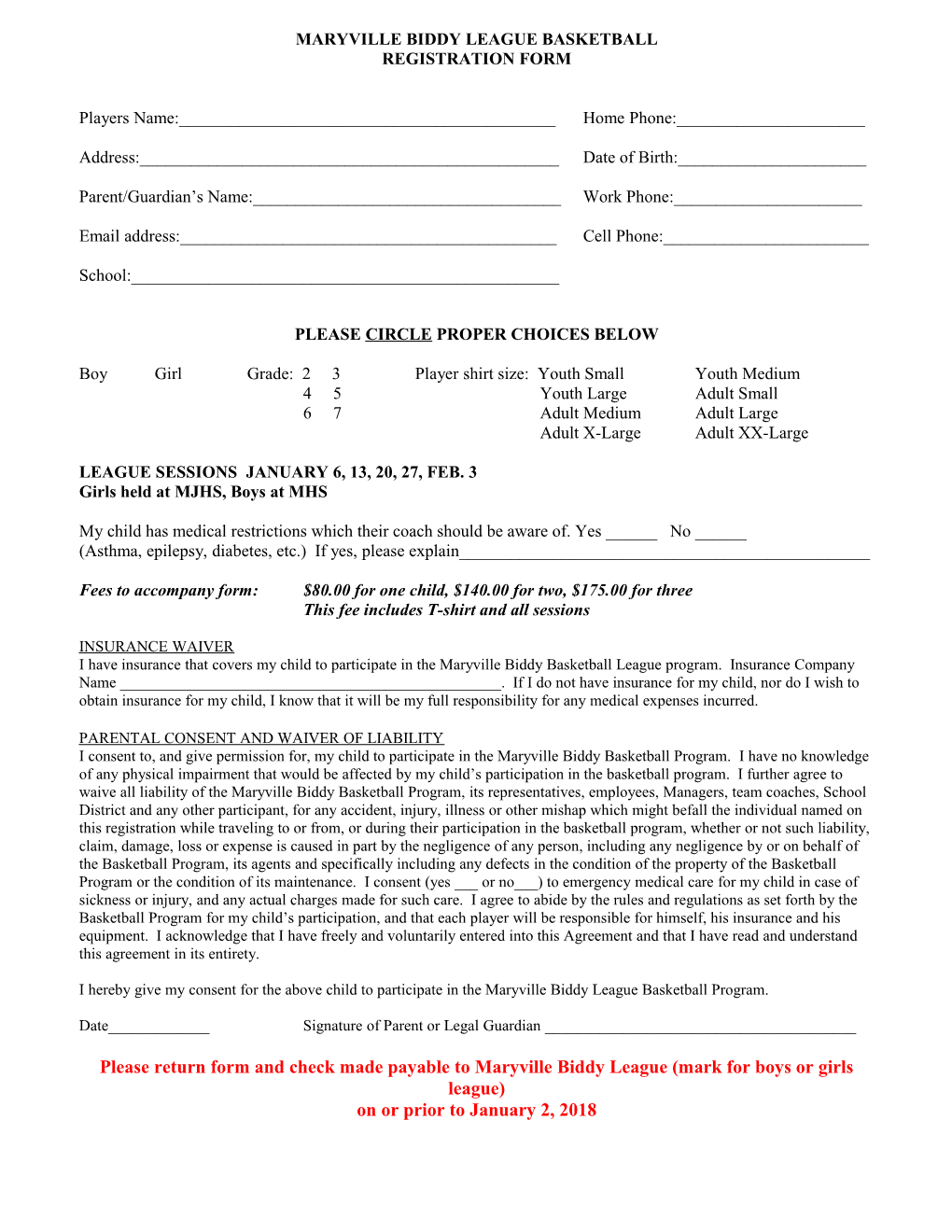 Higginsville Rotary Youth Basketball League Registration Form