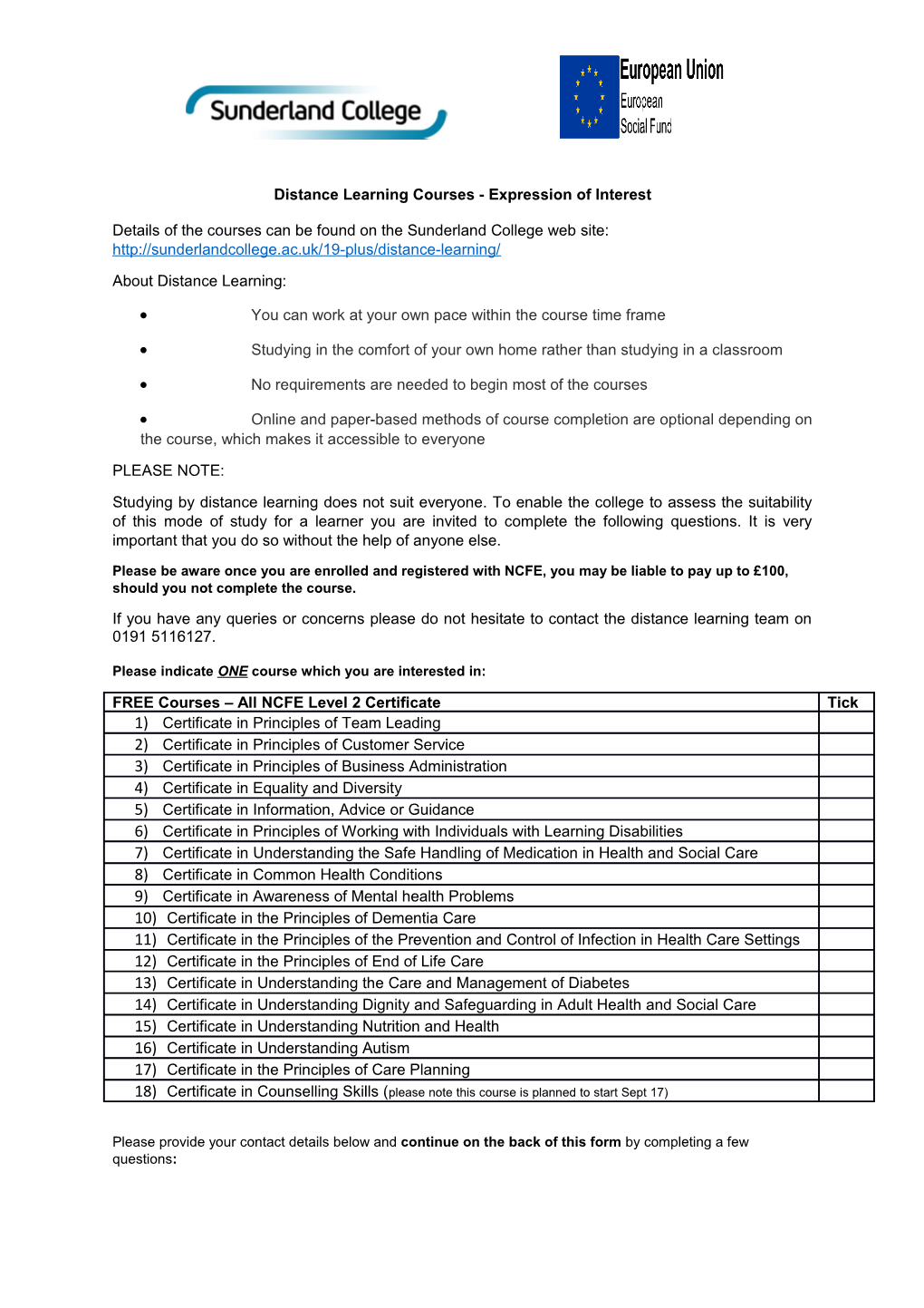 Distance Learning Courses - Expression of Interest