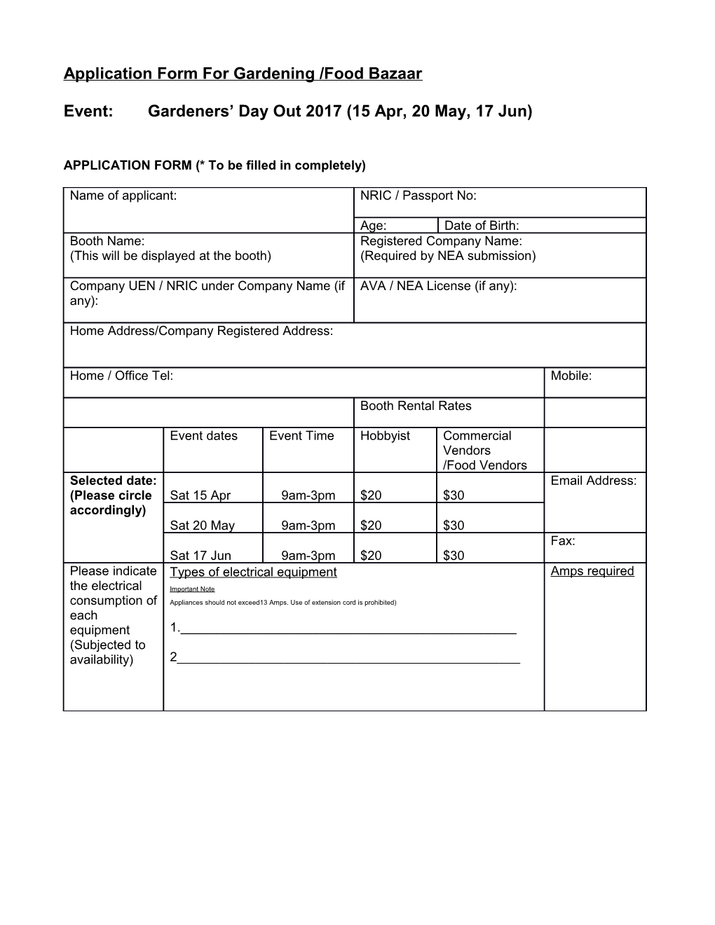 Application Form for Gardening /Food Bazaar