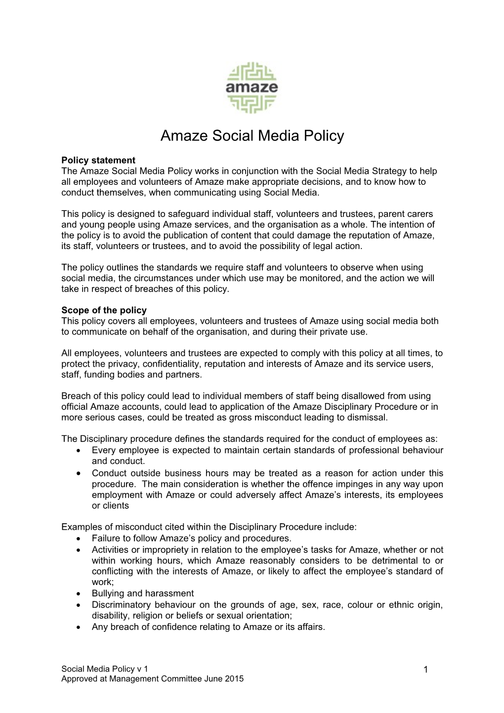 Amaze Social Media Policy