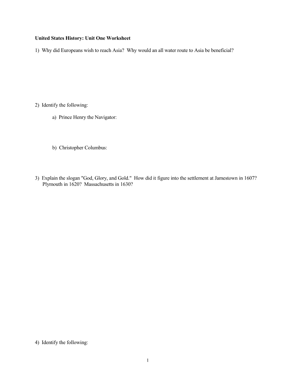 United States History: Unit One Worksheet