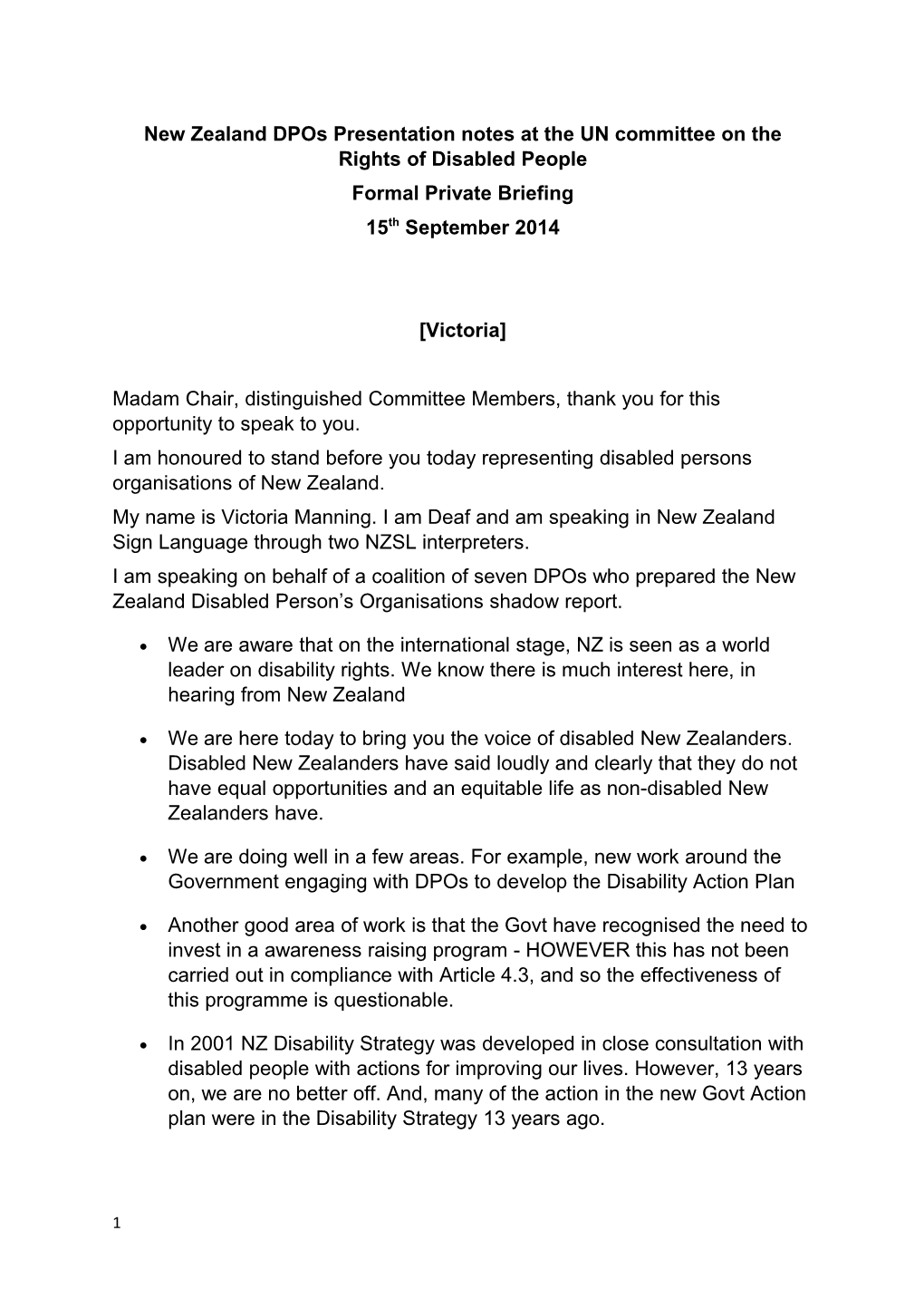 New Zealand Dpos Presentation Notesat the UN Committee on the Rights of Disabled People