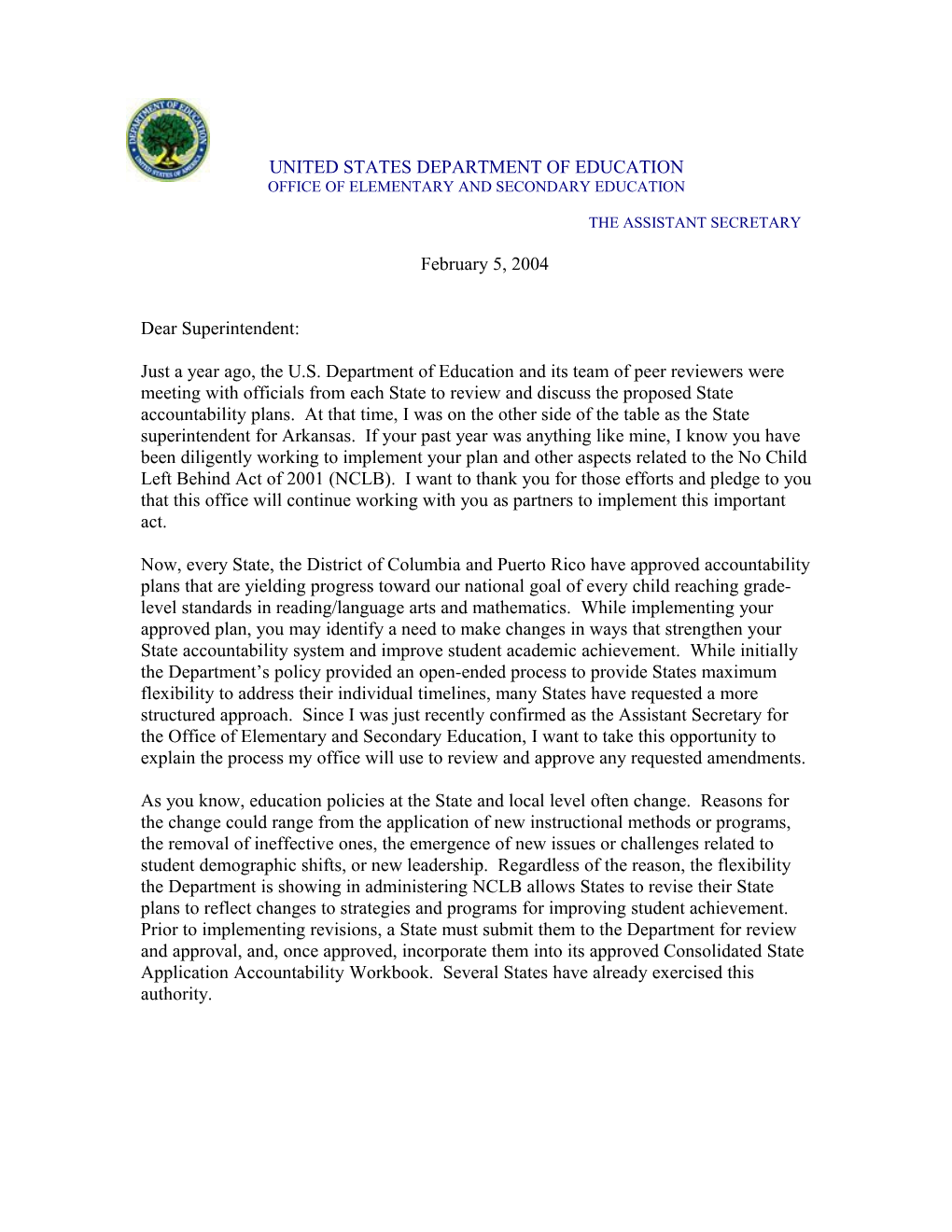 Letter to Superintendents Regarding Amendment Process for State Accountability Plans (MS WORD)