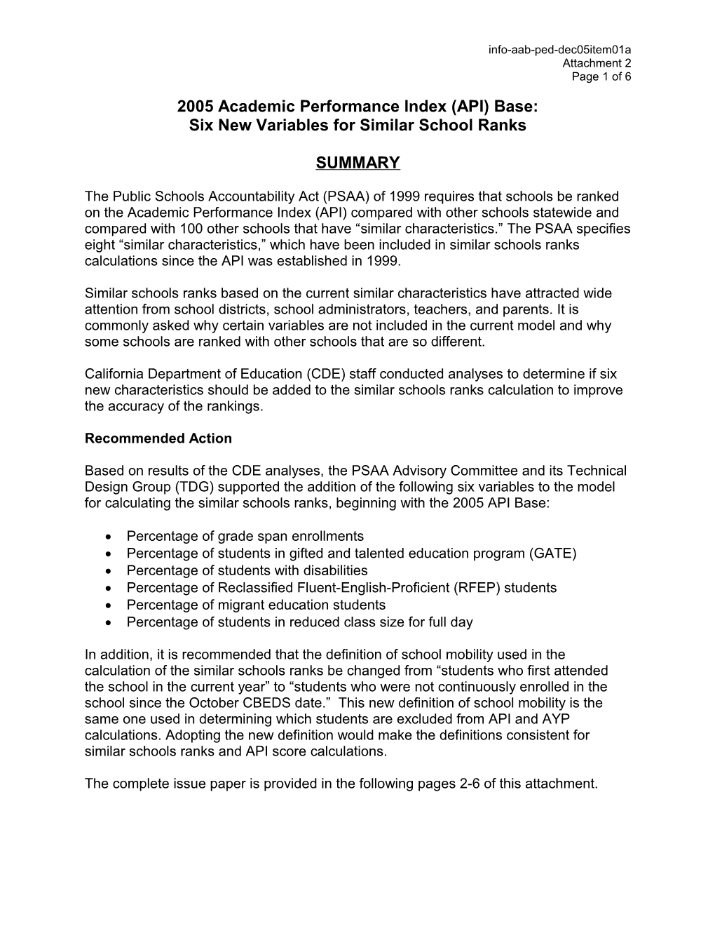 December 2005 PED Item 1 Attachment 2 - Information Memorandum (CA State Board of Education)