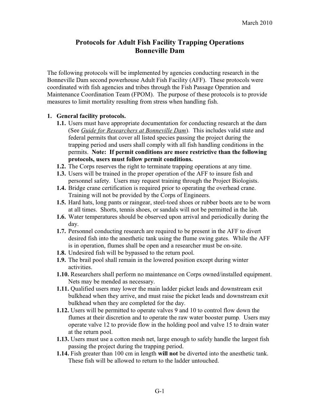 Protocols for Adult Fish Facility Trapping Operations