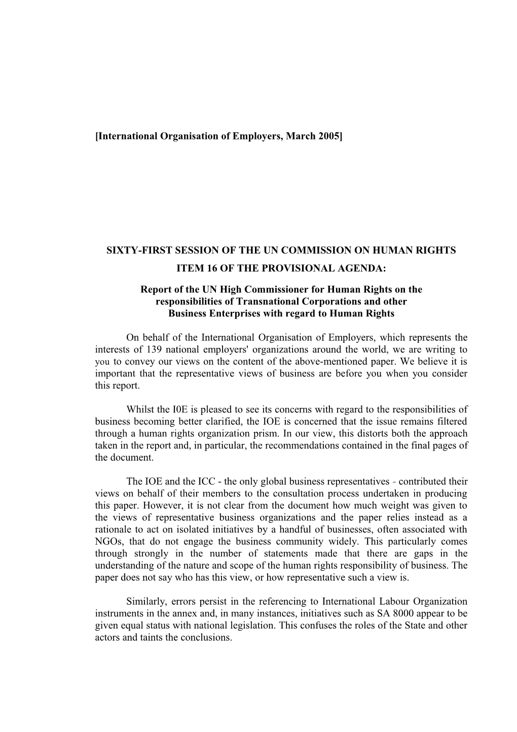 International Organisation of Employers, March 2005