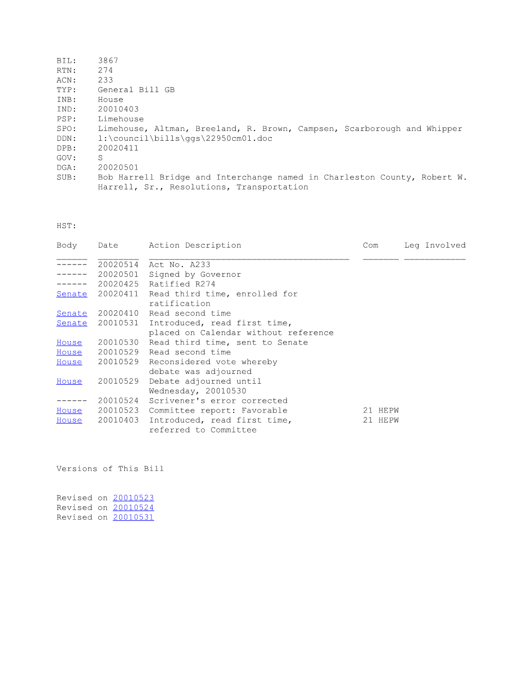 2001-2002 Bill 3867: Bob Harrell Bridge and Interchange Named in Charleston County, Robert