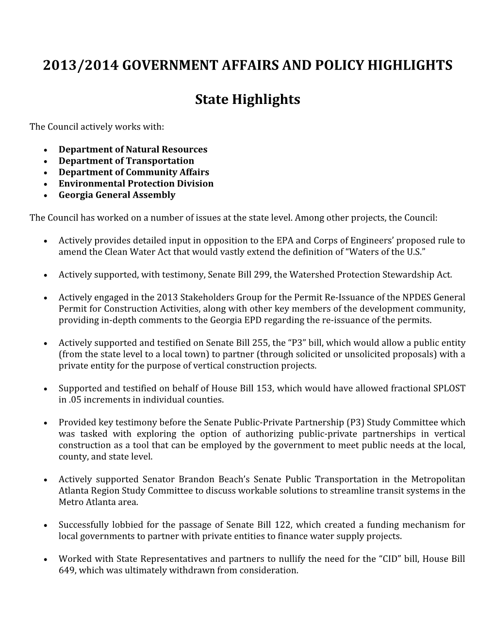 2013/2014 Government Affairs and Policy Highlights