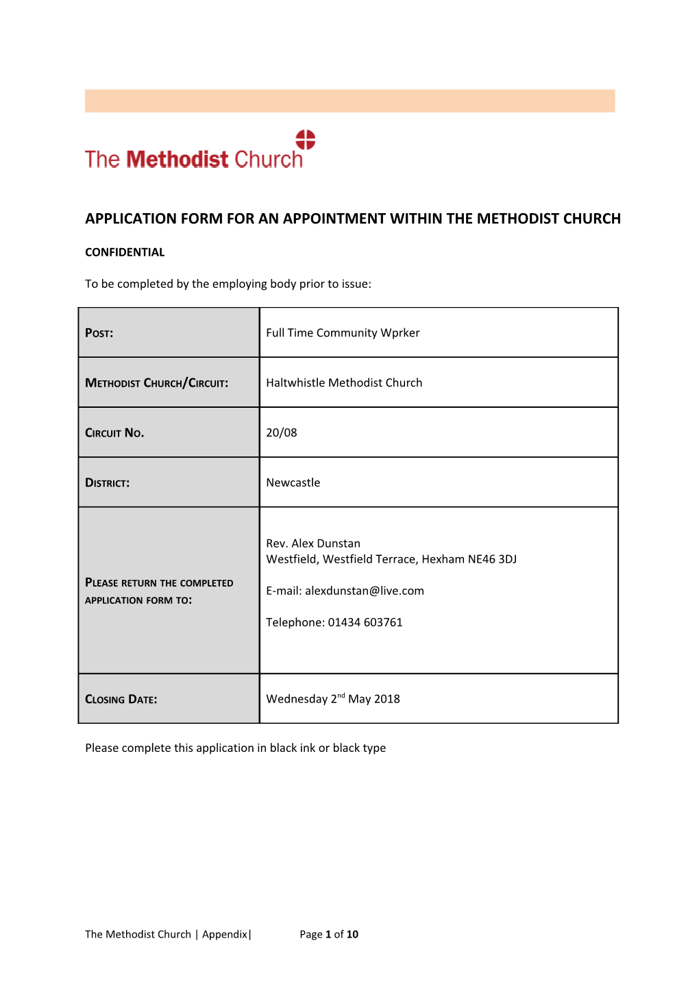 Application Form for an Appointment Within the Methodist Church