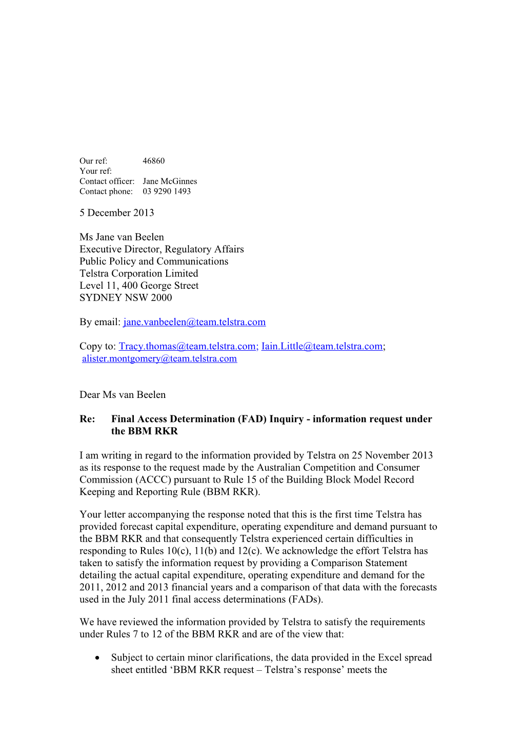 ACCC Letter to Telstra - Telstra Response to Information Request Under the BBM RKR