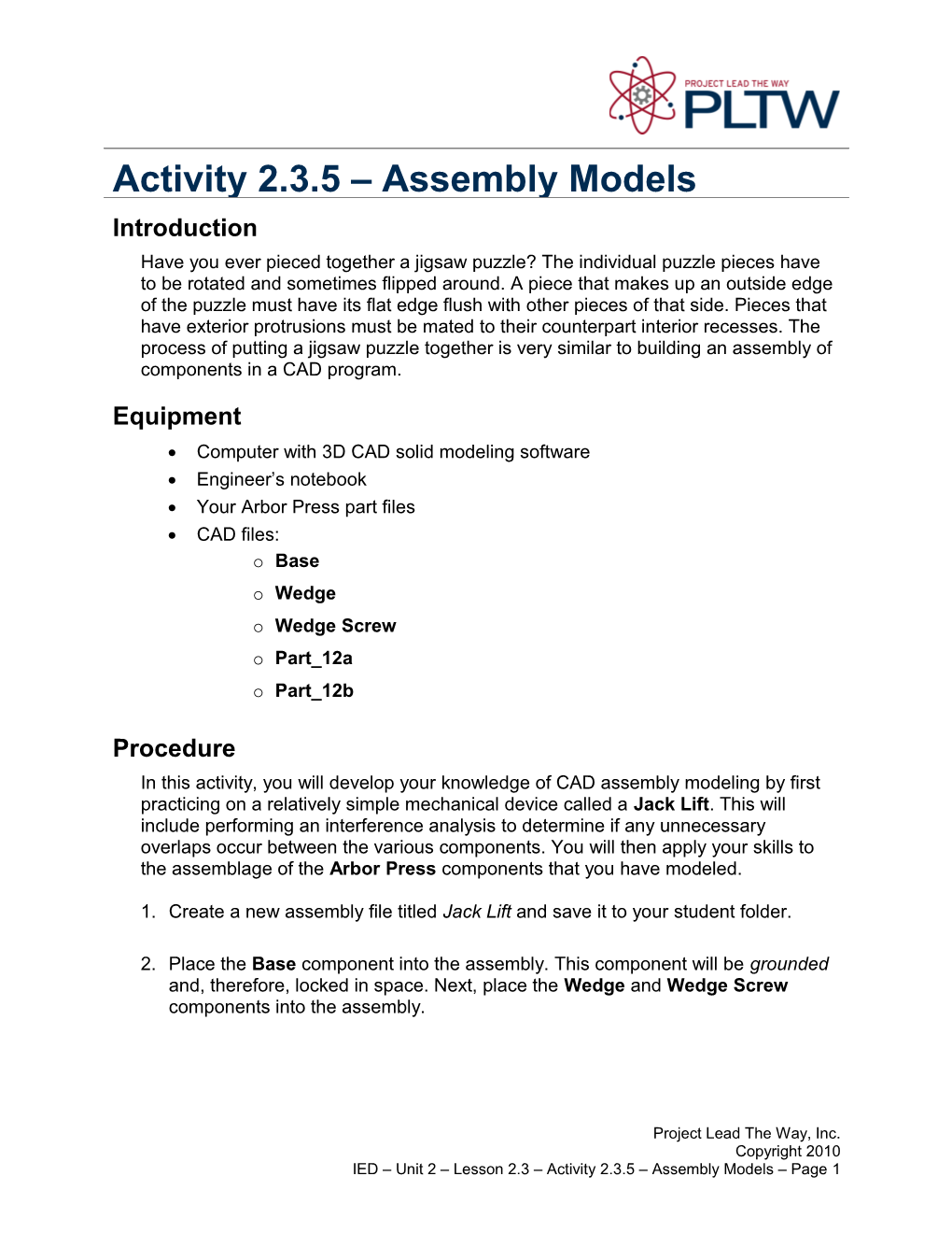 Activity 2.3.5: Assembly Models