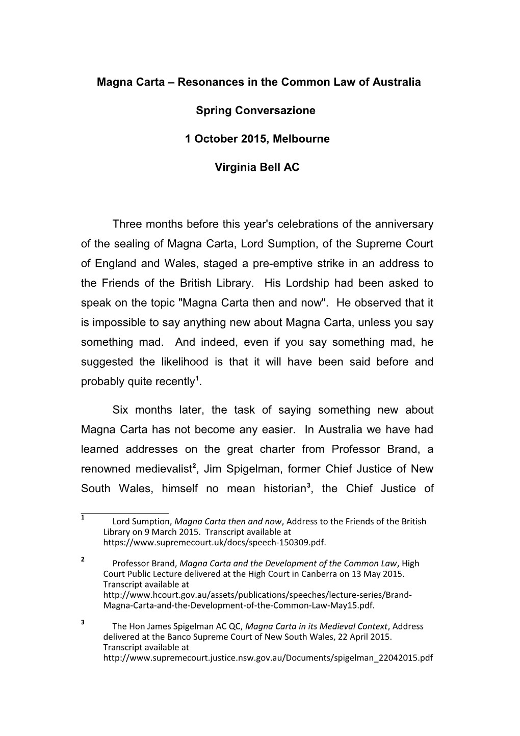 Magna Carta Resonances in the Common Law of Australia