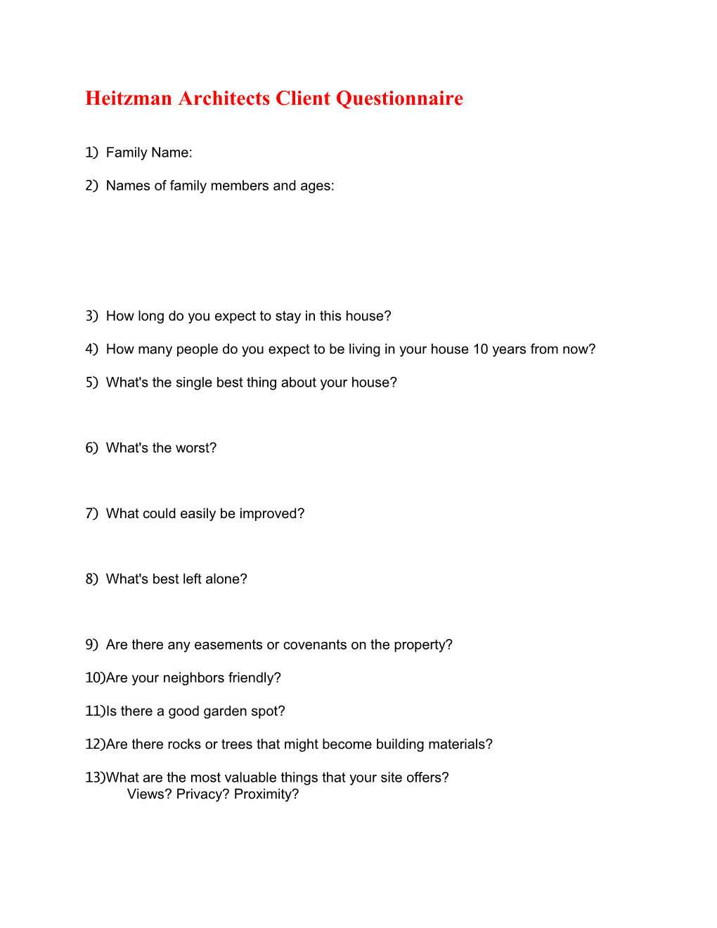 Heitzman Architects Client Questionnaire