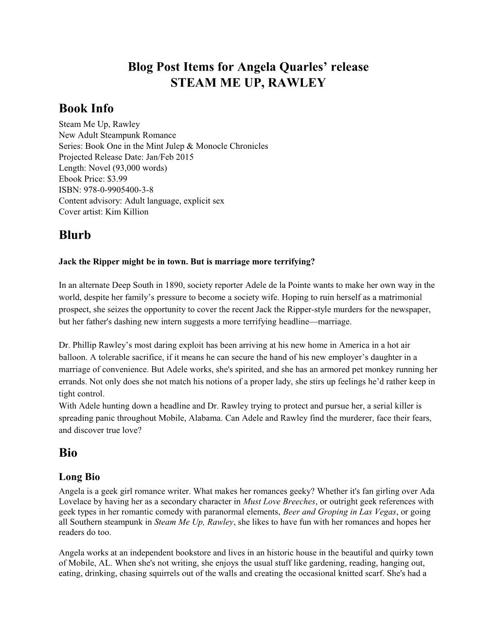 Blog Post Items for Angela Quarles Release STEAM ME UP, RAWLEY