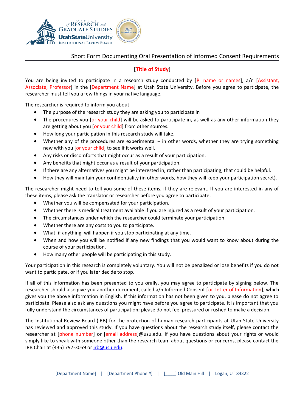 Short Form Documenting Oral Presentation of Informed Consent Requirements
