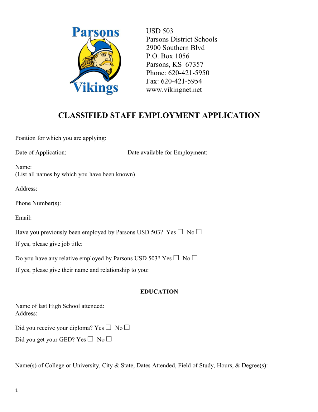 Classified Staff Employment Application