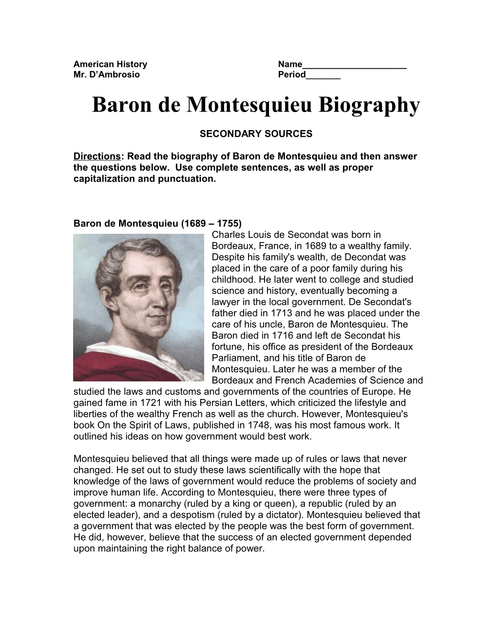 Baron De Montesquieu Biography