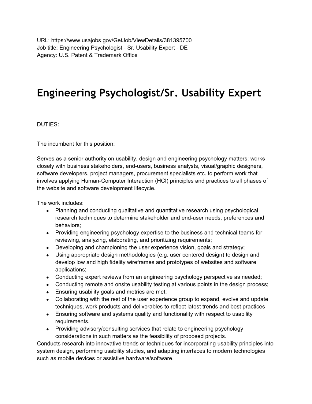 Job Title: Engineering Psychologist - Sr. Usability Expert - DE