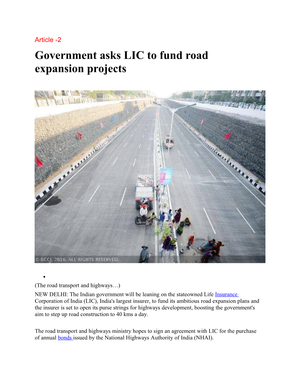 Government Asks LIC to Fund Road Expansion Projects