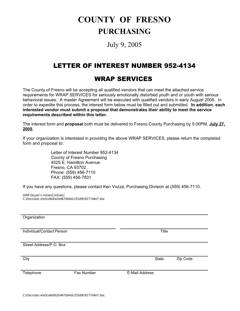 Letter of Interest Number (Bid No