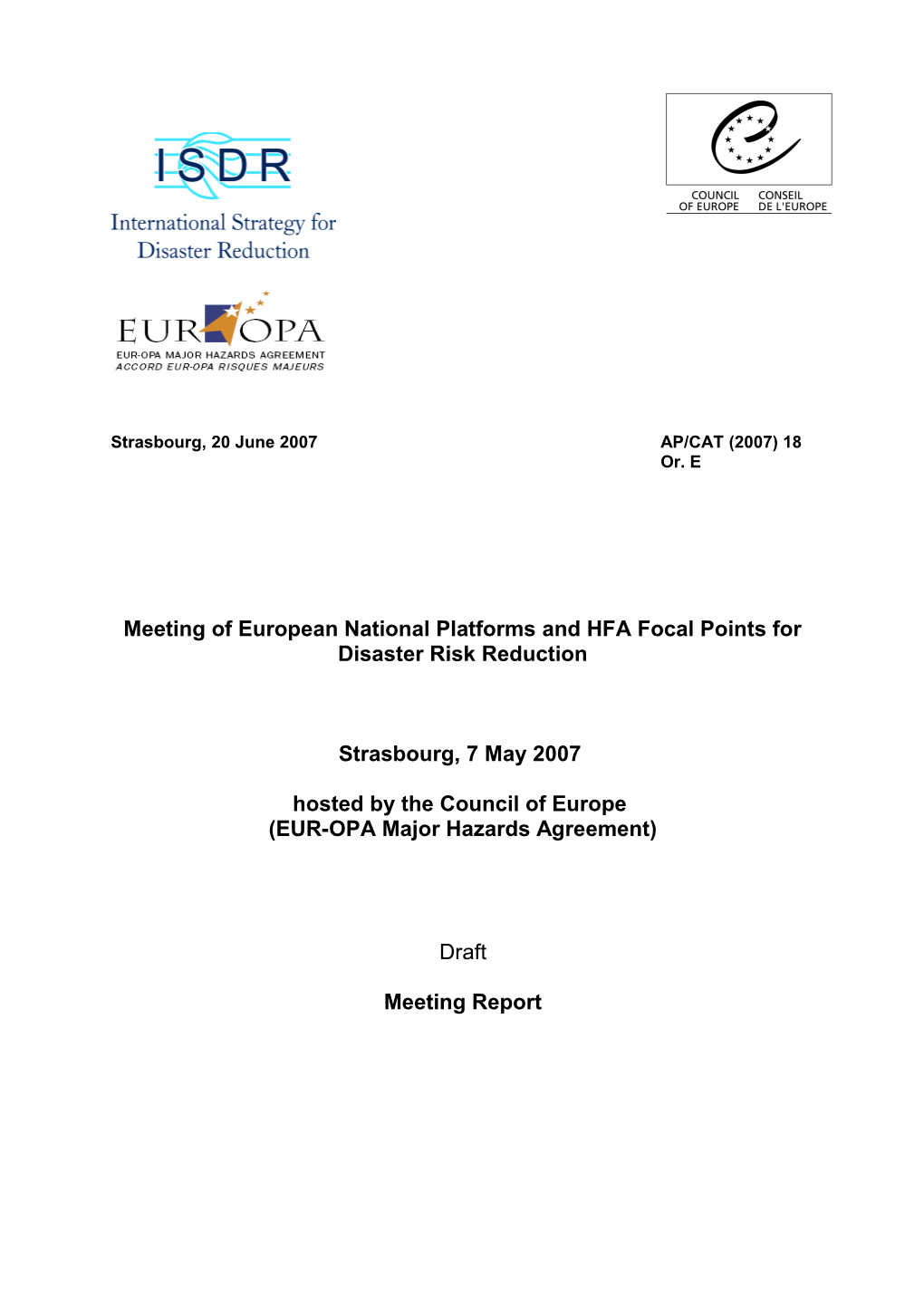 Meeting of European National Platforms and HFA Focal Points for Disaster Risk Reduction